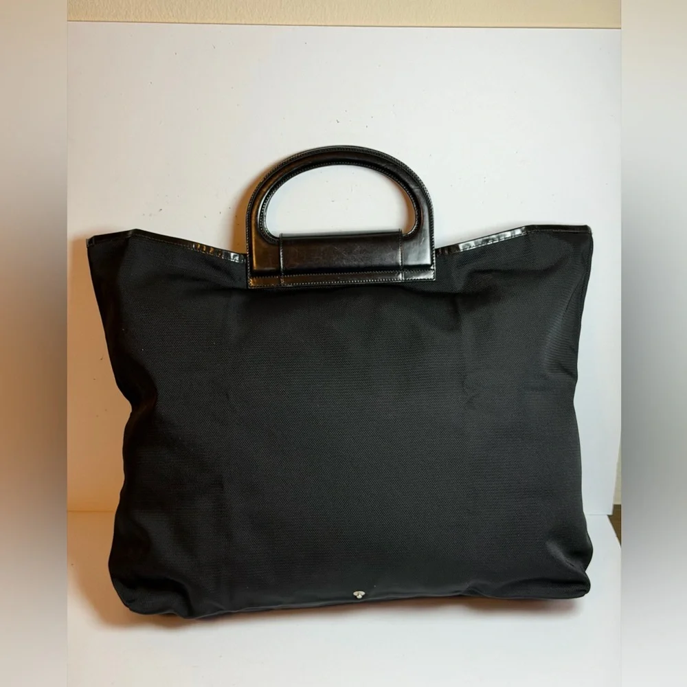 Salvatore Ferragamo Gancini Hand Bag in Black Nylon with Black Leather Trim